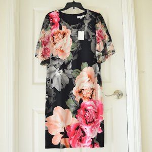 CALVIN KLEIN Shirred Floral Sheath Dress Large